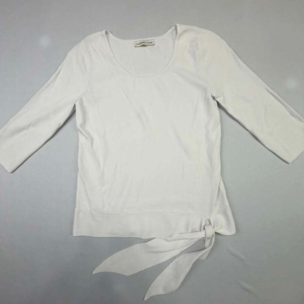 Coldwater Creek White 3/4 Sleeve Scoop Neck Side Tie Knit Top
